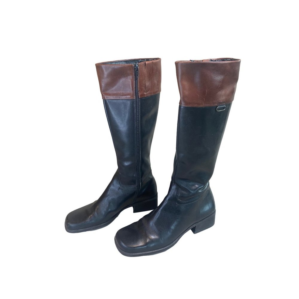 Enzo Angiolini W 9.5 Leather Black Brown Knee High Riding Boots Square Toes - Picture 4 of 12